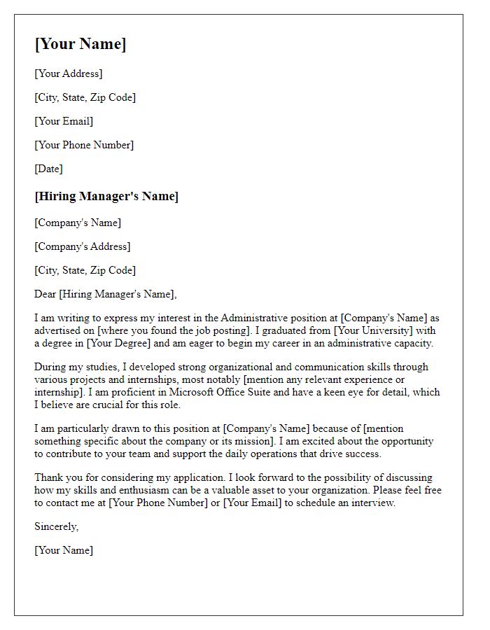 Letter template of fresh graduate cover letter for administrative positions.