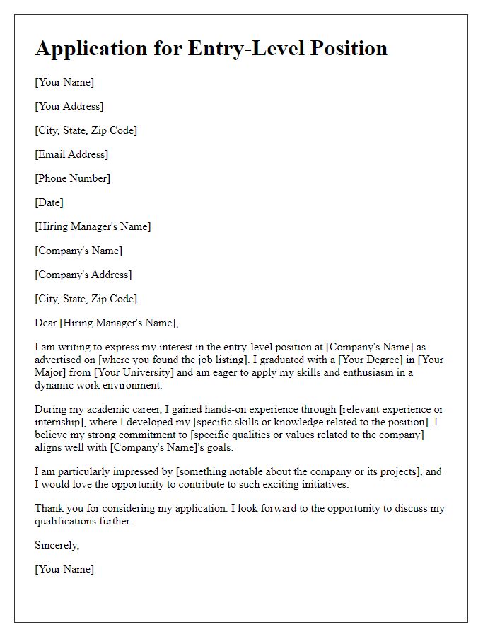 Letter template of graduate job application for entry-level position.