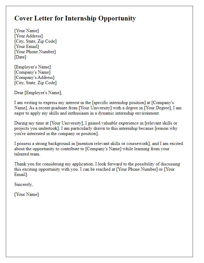 Letter template of new graduate cover letter for internship opportunity.