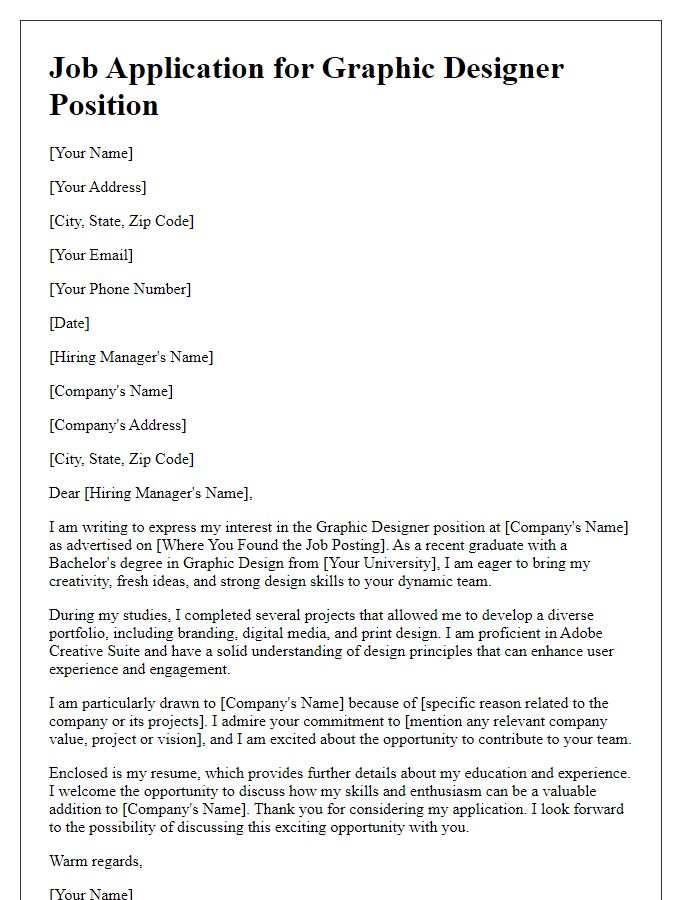 Letter template of new graduate job application for creative industries.