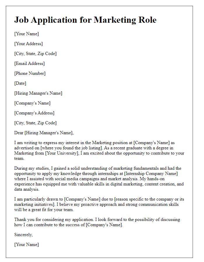 Letter template of new graduate job application for marketing roles.