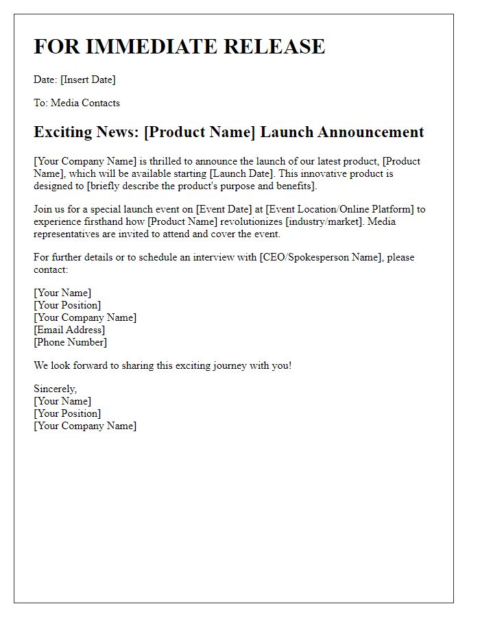 Letter template of announcement for product launch to media