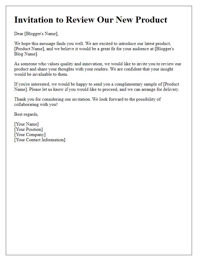 Letter template of invitation for bloggers to review your product