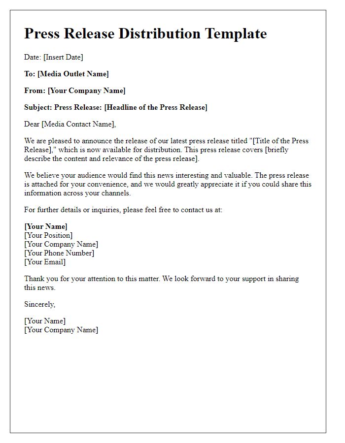 Letter template of press release distribution to media outlets