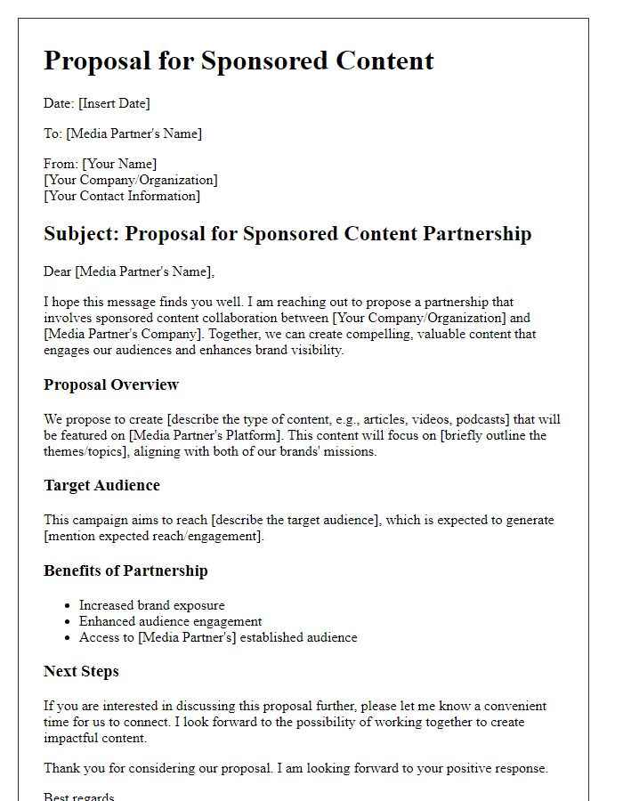 Letter template of proposal for sponsored content with media partners