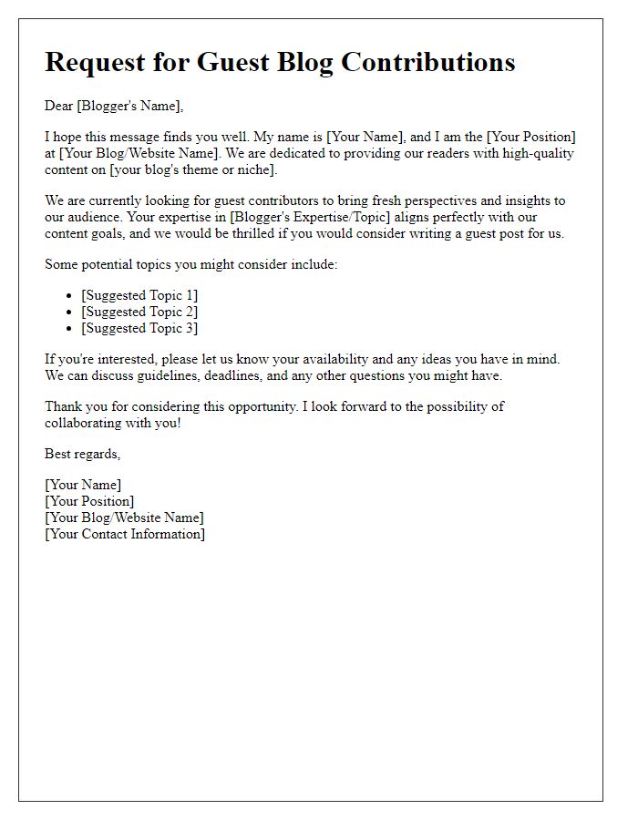 Letter template of request for guest blog contributions