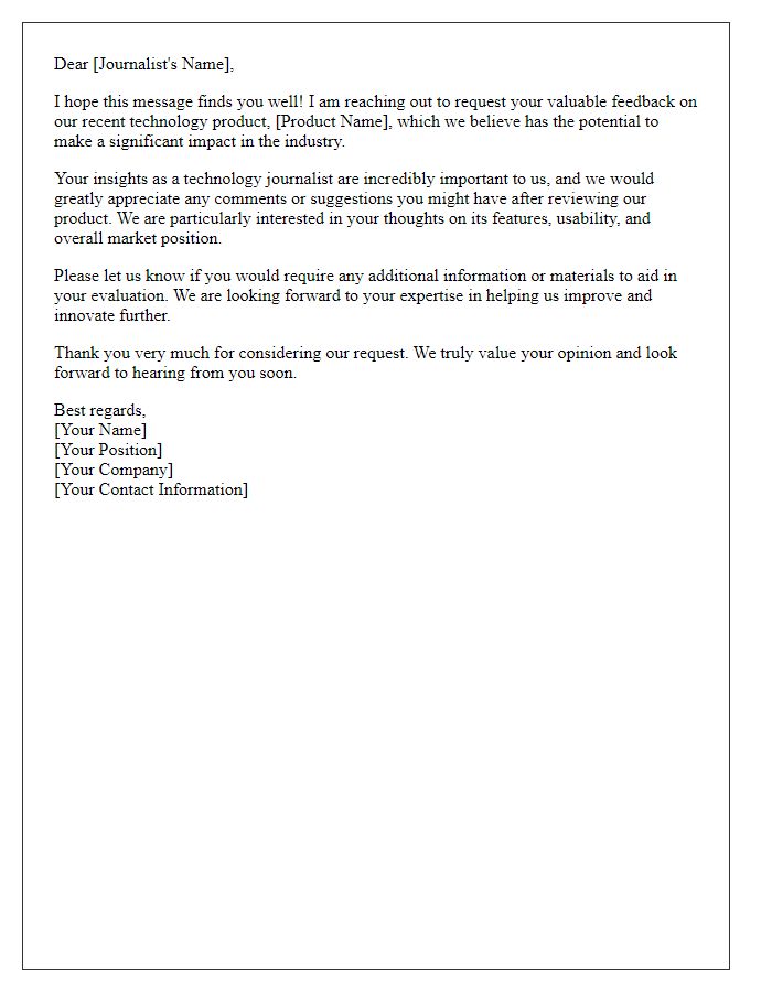 Letter template of feedback request from technology journalists