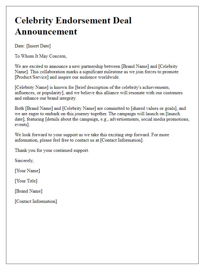 Letter template of celebrity endorsement deal announcement