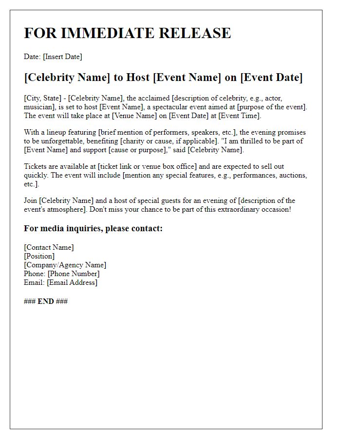 Letter template of celebrity press release for event