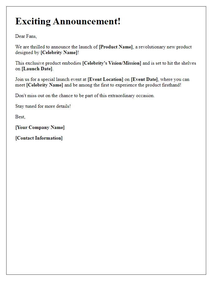 Letter template of celebrity product launch announcement