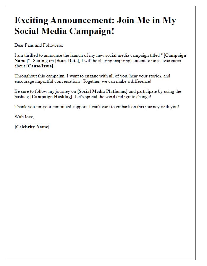 Letter template of celebrity social media campaign announcement