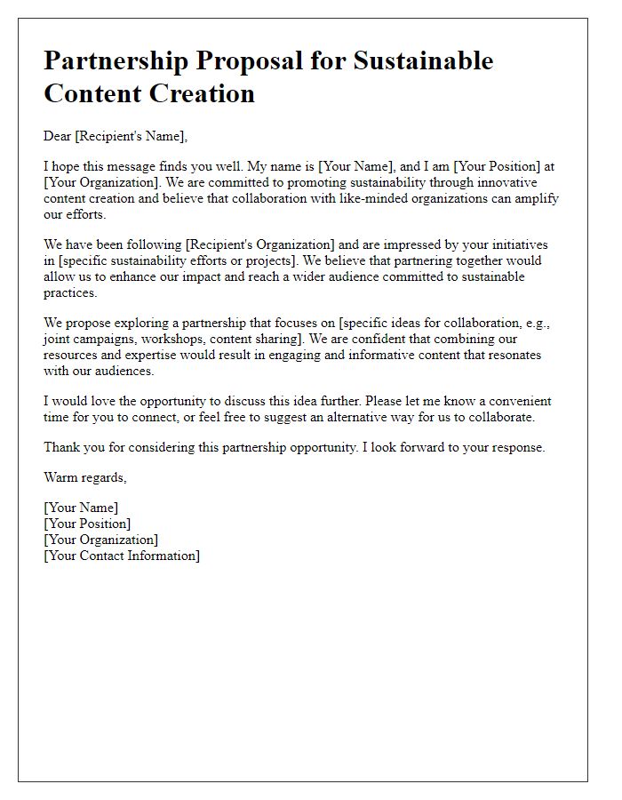 Letter template of partnership outreach for sustainable content creation