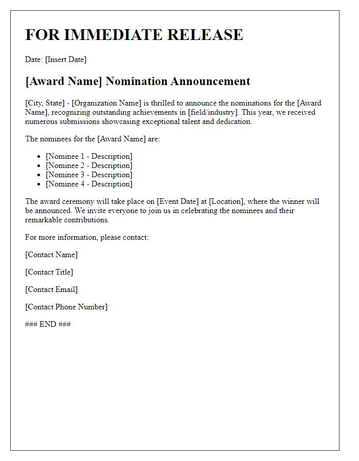 Letter template of award nomination announcement for press release.