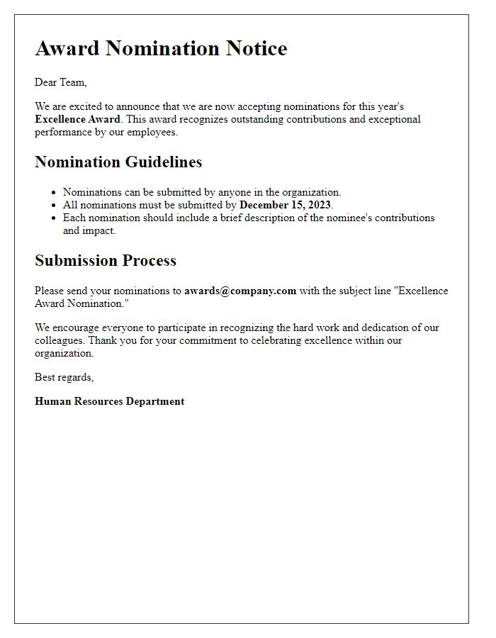 Letter template of award nomination communication for internal distribution.