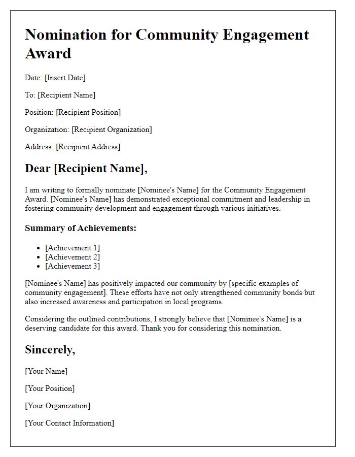 Letter template of award nomination details for community engagement.