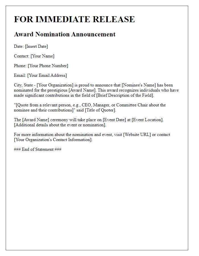 Letter template of award nomination press statement for official announcement.