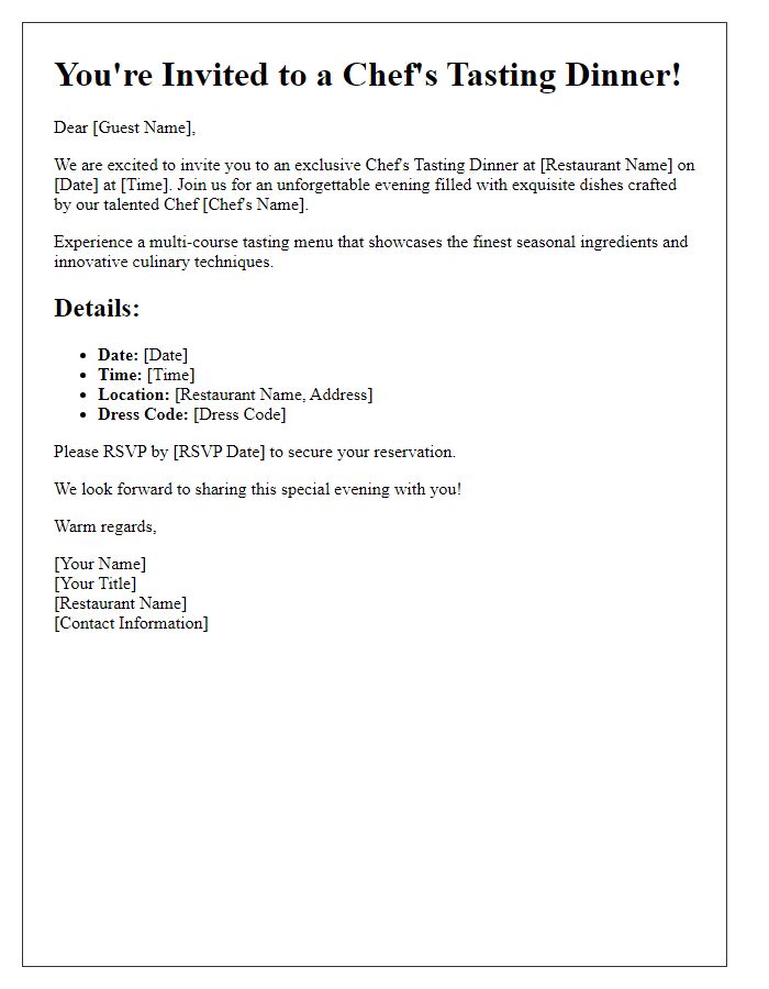 Letter template of Chefs Tasting Dinner Invitation