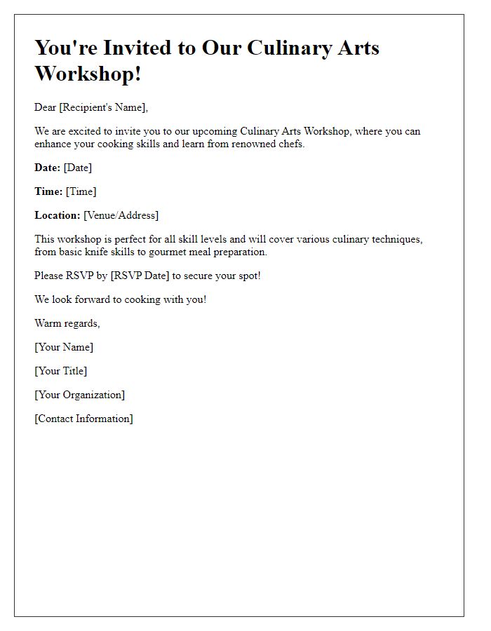 Letter template of Culinary Arts Workshop Invitation