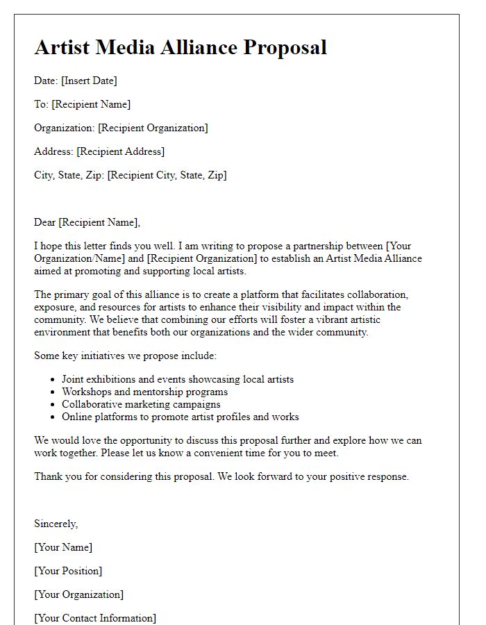 Letter template of artist media alliance proposal