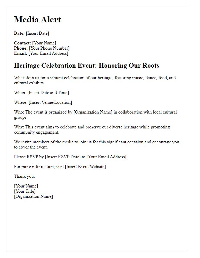 Letter template of media alert for a heritage celebration event.