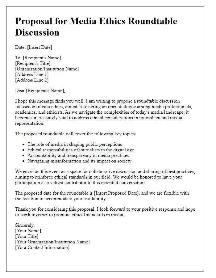 Letter template of a proposal for a media ethics roundtable discussion