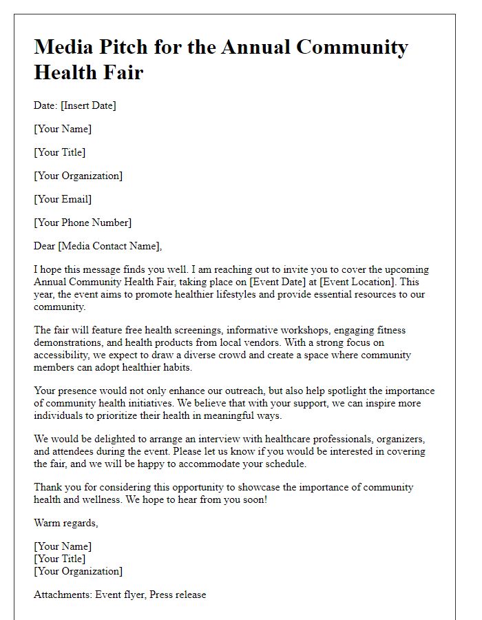 Letter template of a health and wellness media pitch for a community health fair.