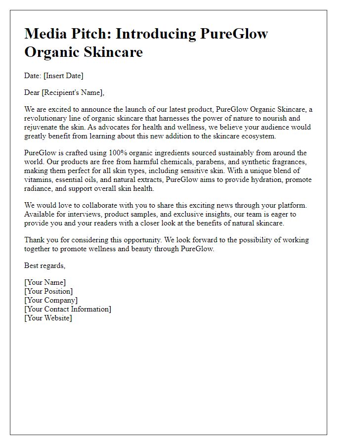 Letter template of a health and wellness media pitch for an organic skincare product launch.