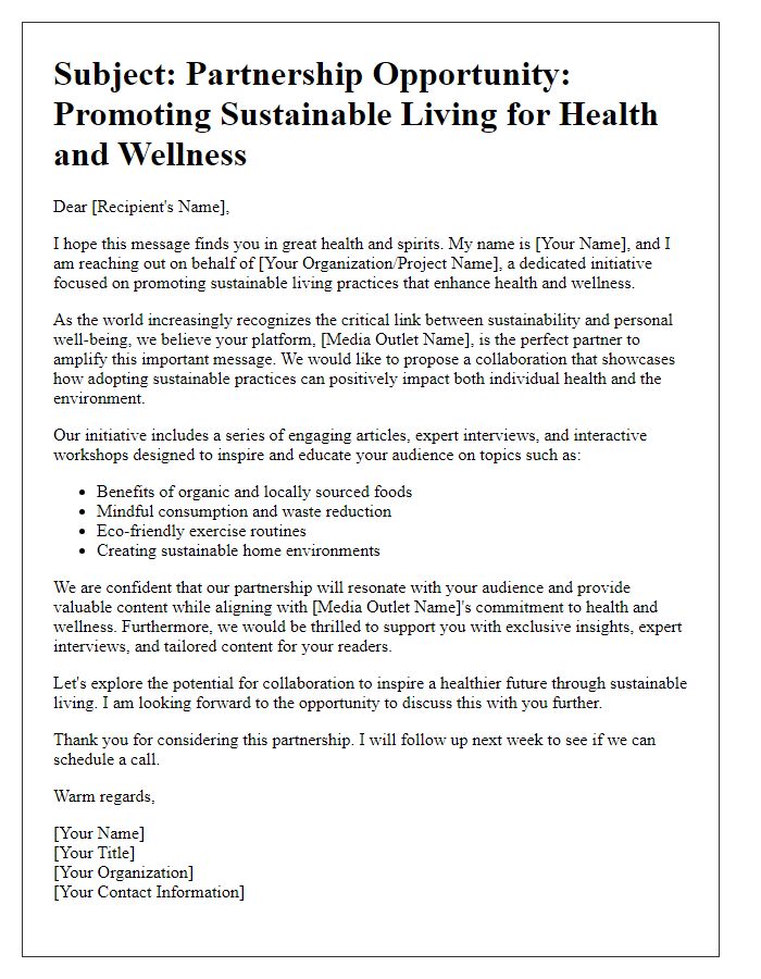 Letter template of a health and wellness media pitch for a sustainable living initiative.