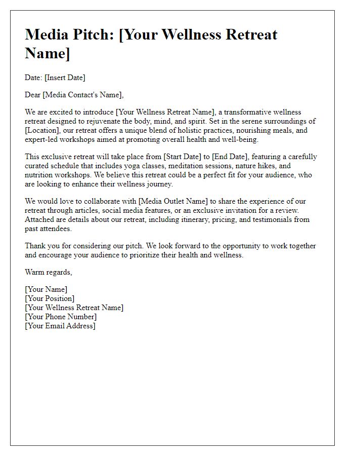 Letter template of a health and wellness media pitch for a wellness retreat.