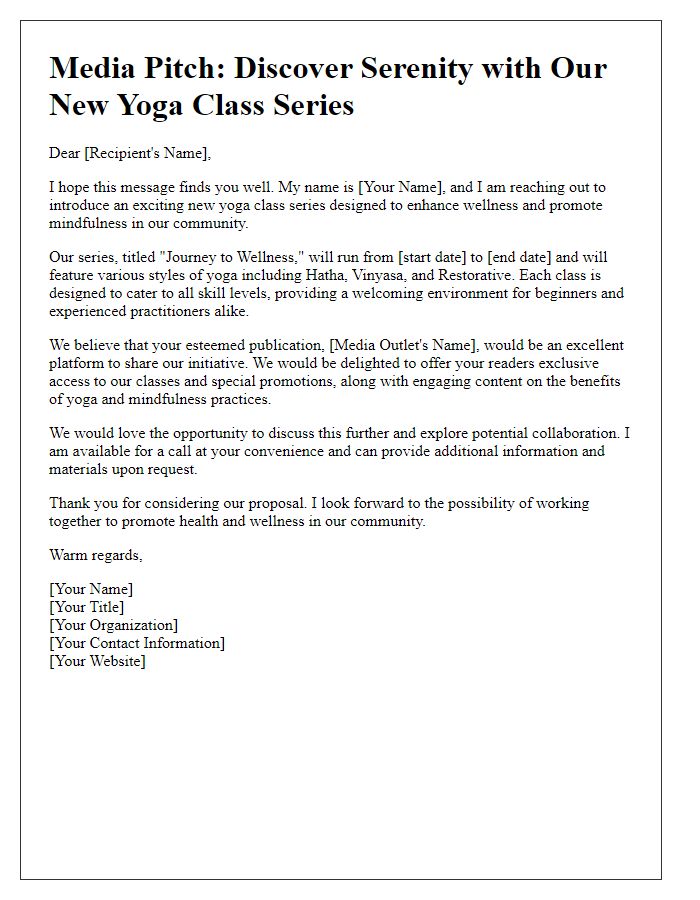 Letter template of a health and wellness media pitch for a yoga class series.