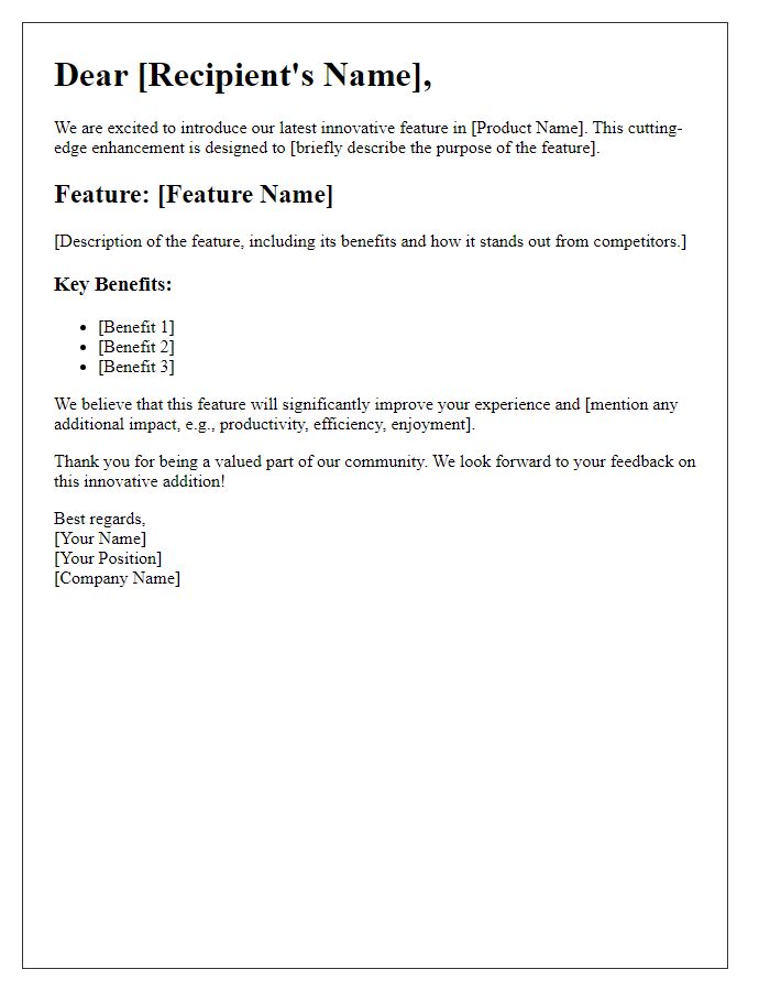 Letter template of innovative product feature highlight.