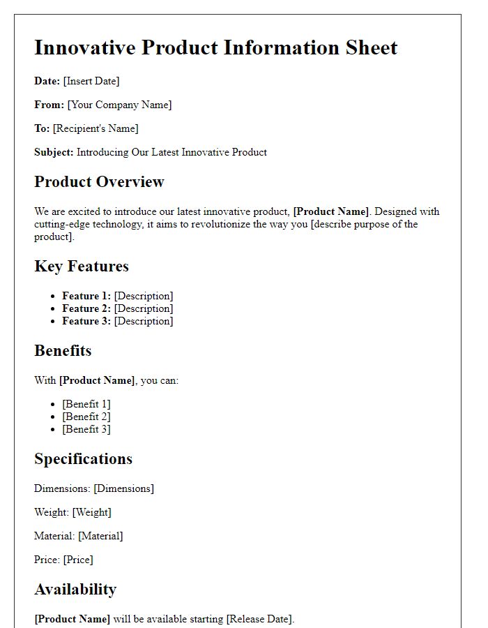 Letter template of innovative product information sheet.