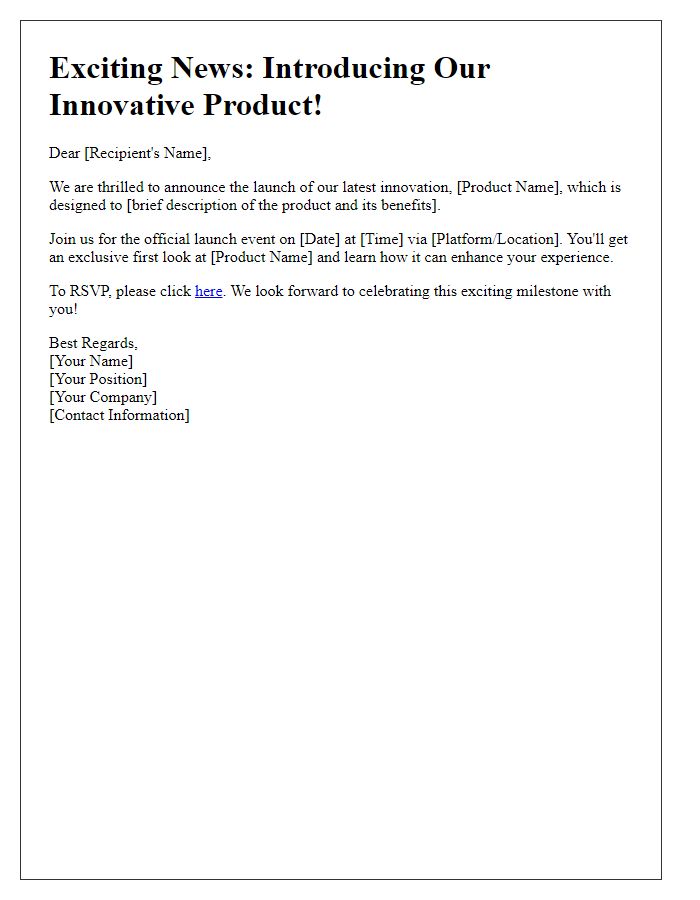 Letter template of innovative product launch communication.