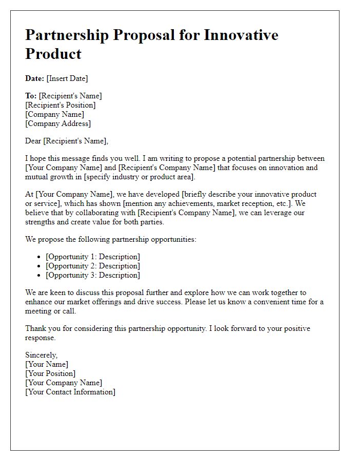 Letter template of innovative product partnership proposal.