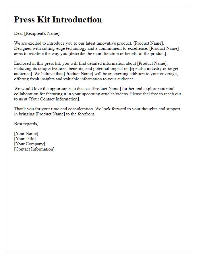 Letter template of innovative product press kit introduction.