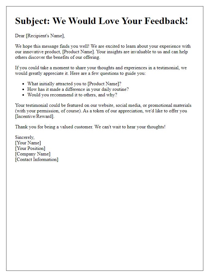 Letter template of innovative product testimonial request.