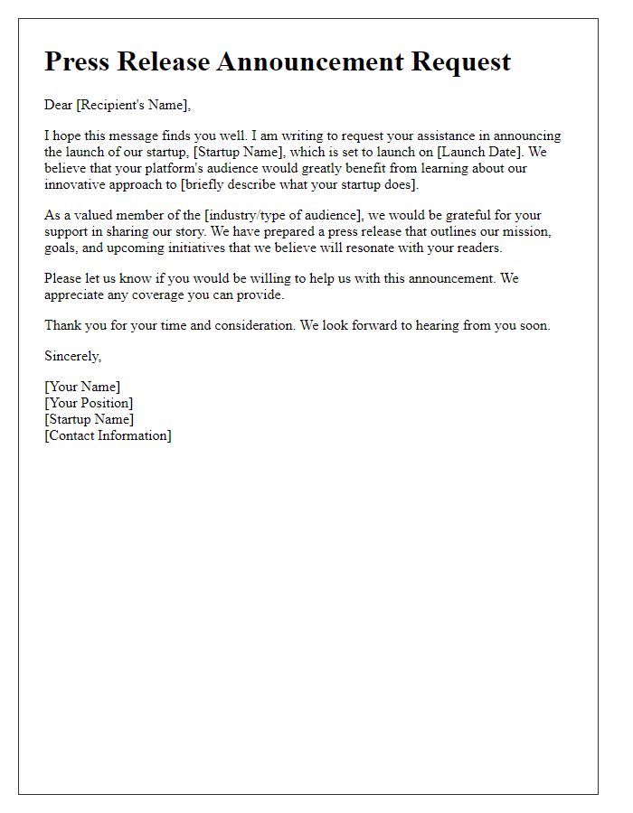 Letter template of announcement request for startup press release