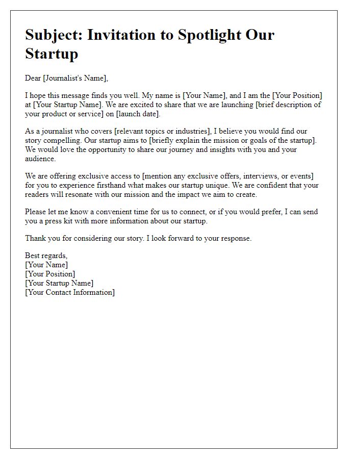 Letter template of journalist engagement for startup spotlight