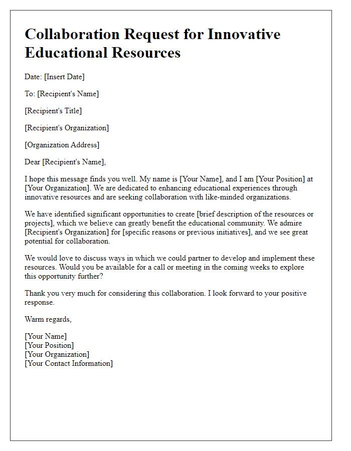 Letter template of collaboration request for innovative educational resources.