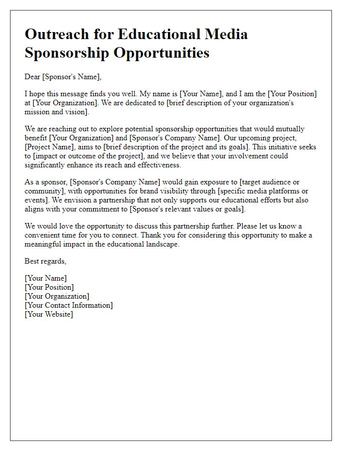 Letter template of outreach for educational media sponsorship opportunities.