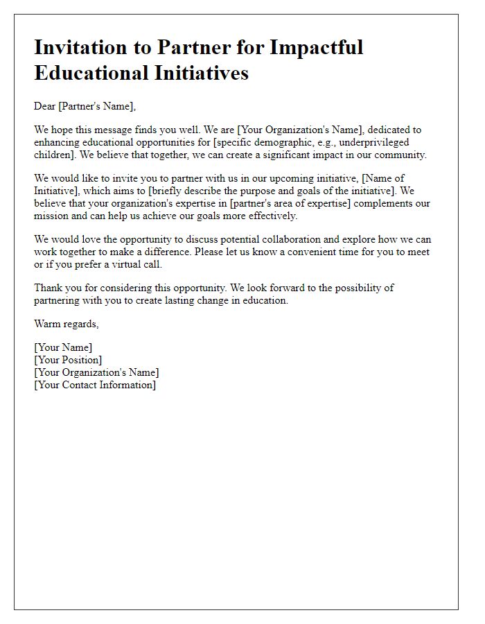 Letter template of partnership invitation for impactful educational initiatives.