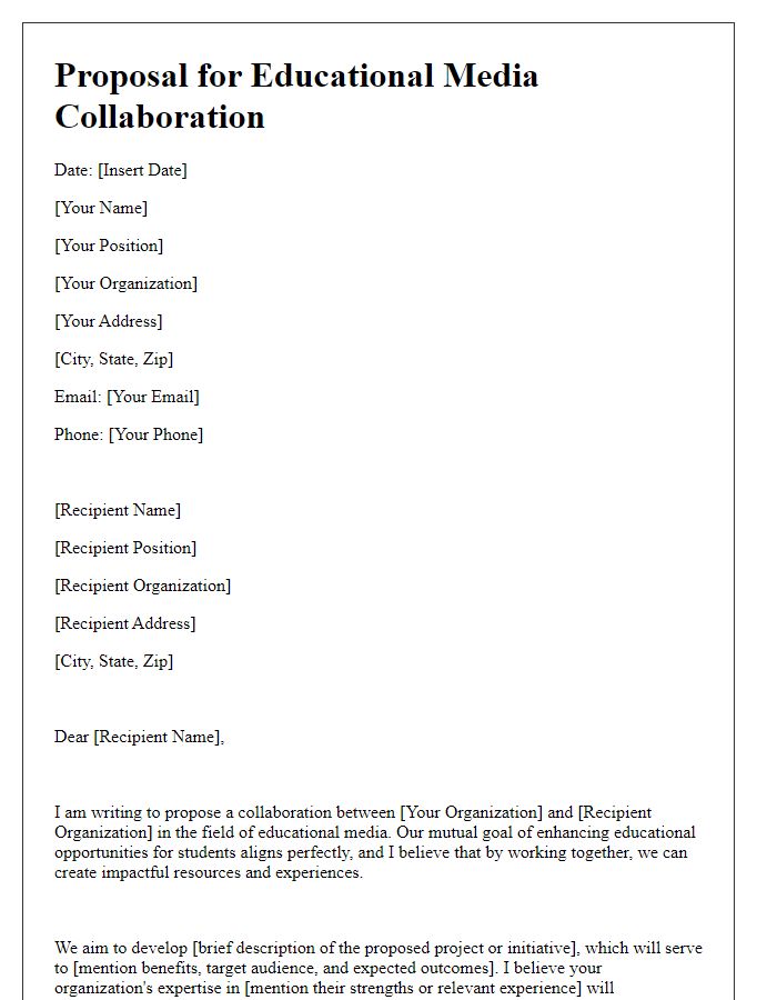 Letter template of proposal for educational media collaboration.