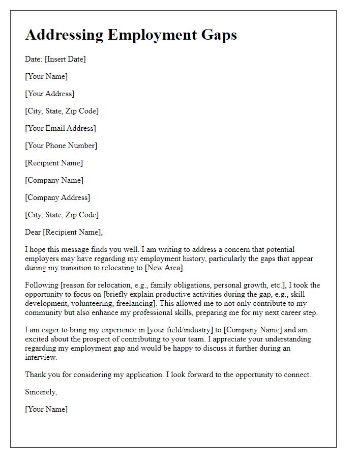 Letter template of addressing employment gaps for someone relocating to a new area.