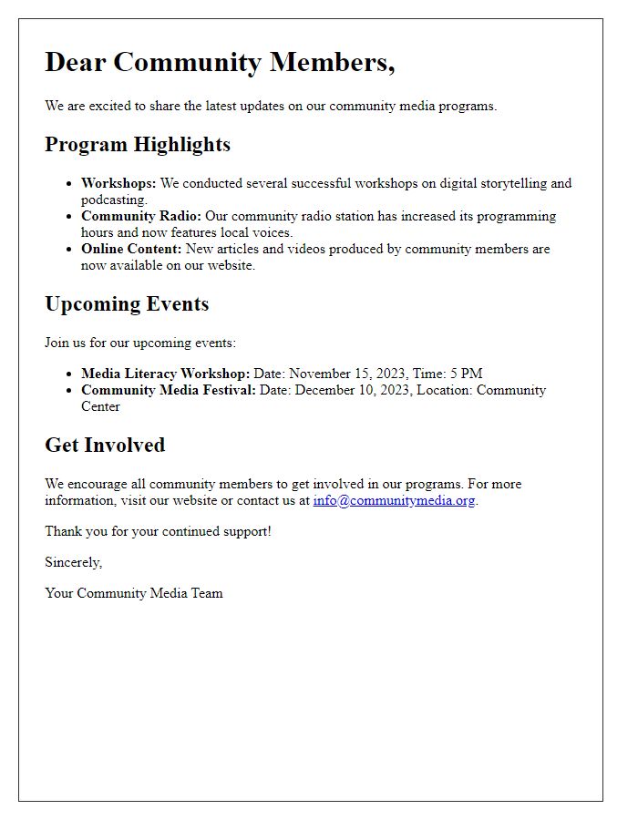 Letter template of update on community media programs