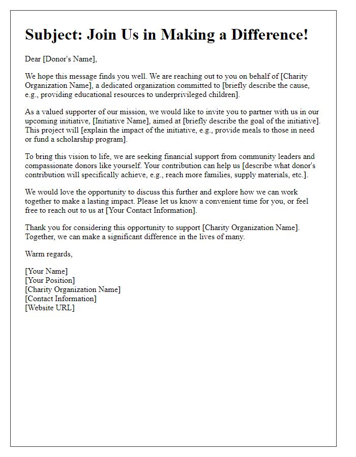 Letter template of charitable cause media pitch for donor engagement.