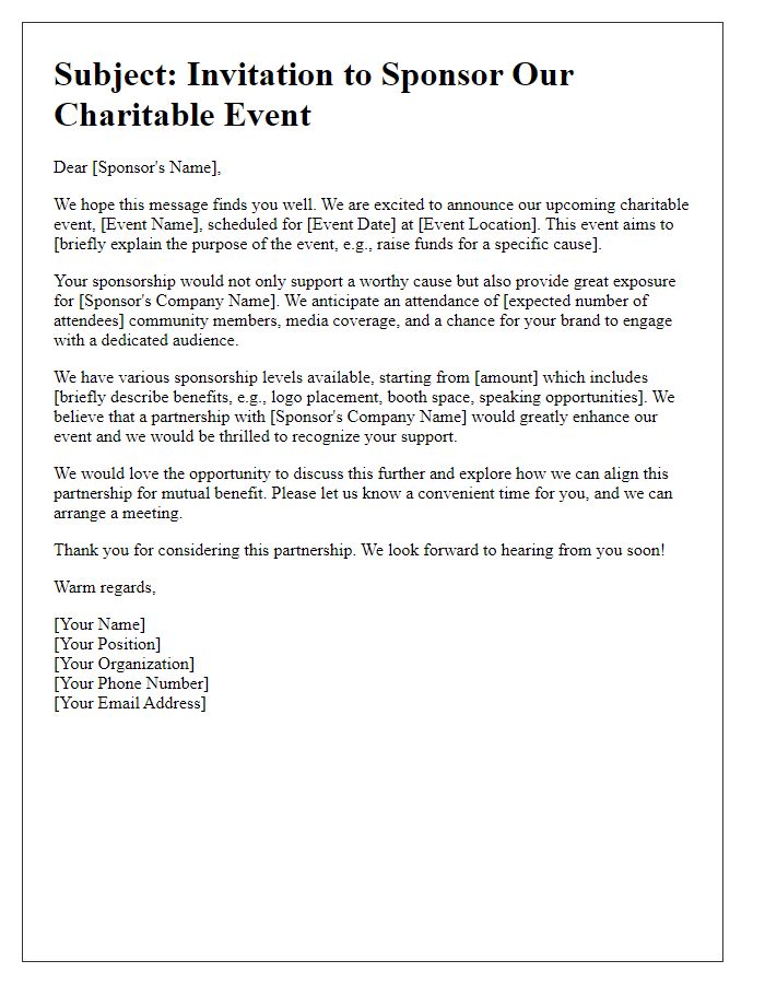 Letter template of charitable cause media pitch for event sponsorship.