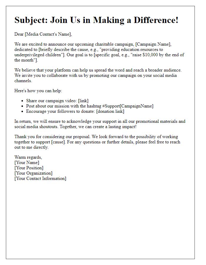 Letter template of charitable cause media pitch for social media promotion.