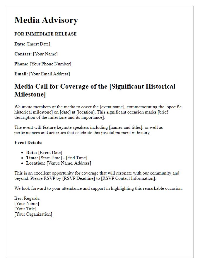 Letter template of media call for coverage of a significant historical milestone