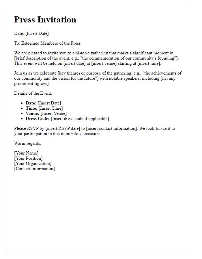 Letter template of press invitation for a historic gathering