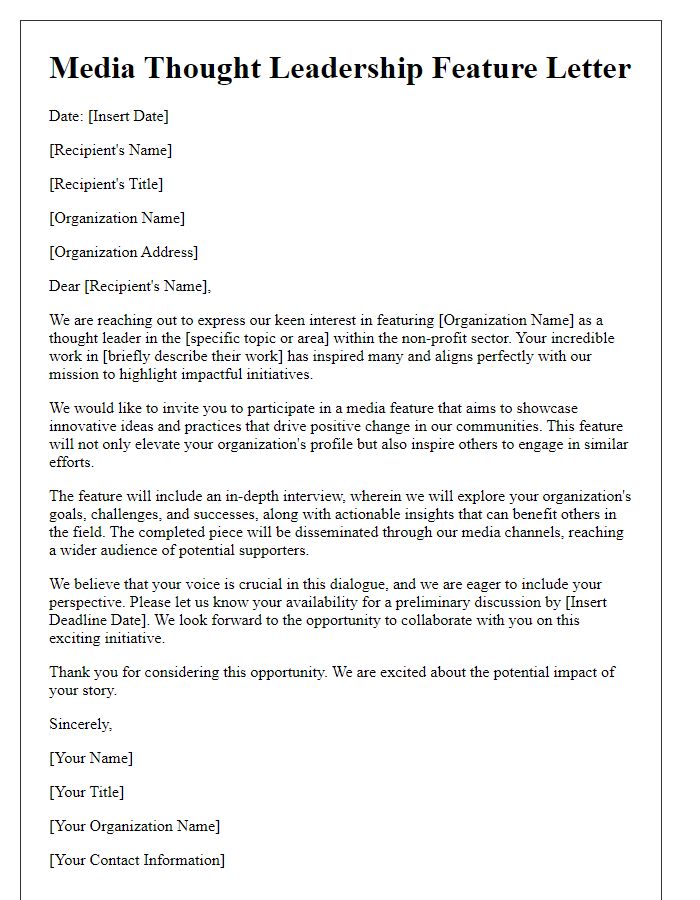 Letter template of a media thought leadership feature for non-profit organizations.